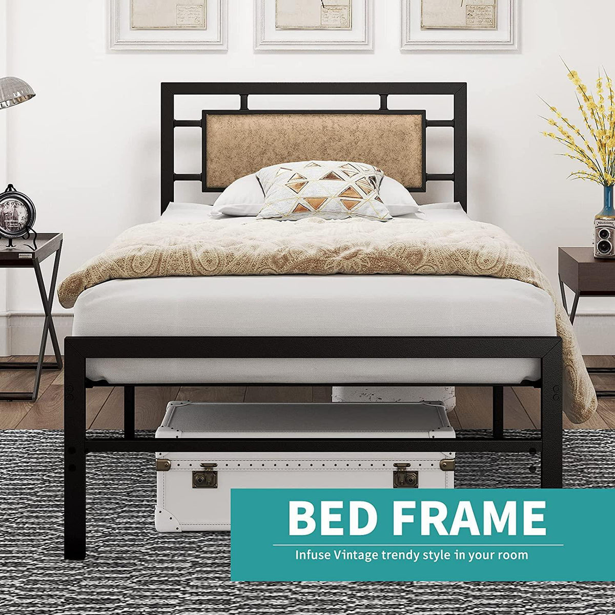 Vintage Metal Twin Bed Frame with Faux Leather Headboard I9711