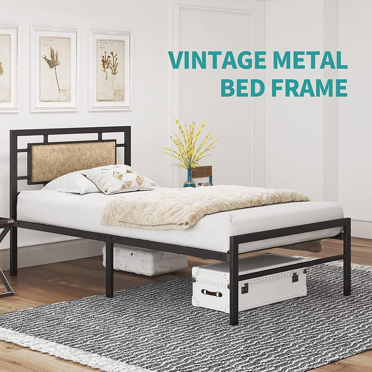 Vintage Metal Twin Bed Frame with Faux Leather Headboard I9711