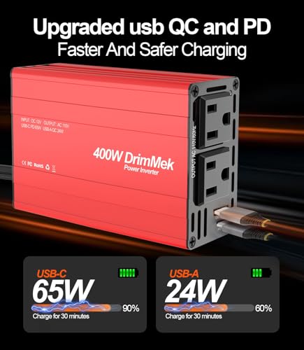 400W Car Power Inverter Dual DC 12V to 110V AC USB C 65W G921