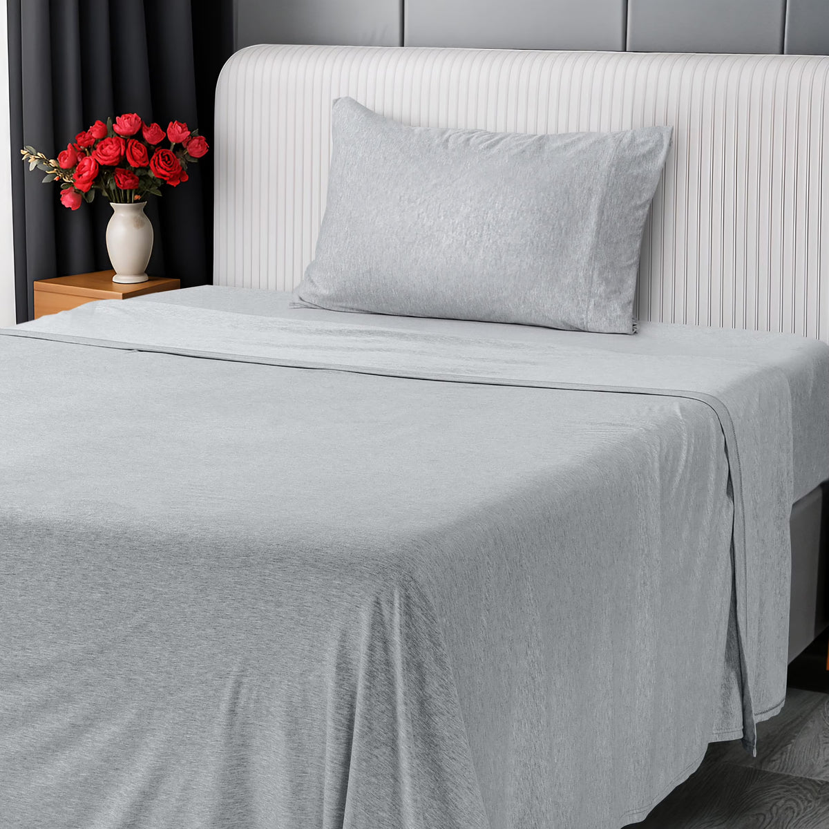 Heather Light Grey Twin Size Jersey Knit Sheet Set 3pc D426