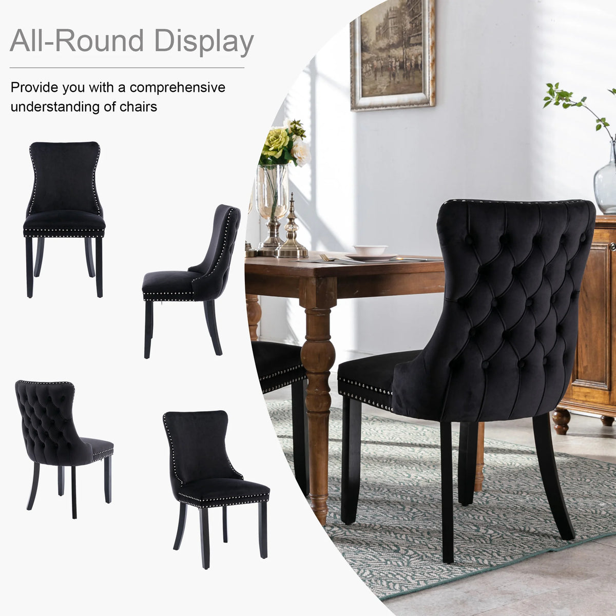 Button Tufted Upholstered Dining Chairs with Nailhead, Solid Wood Legs (Set of 2) T139507