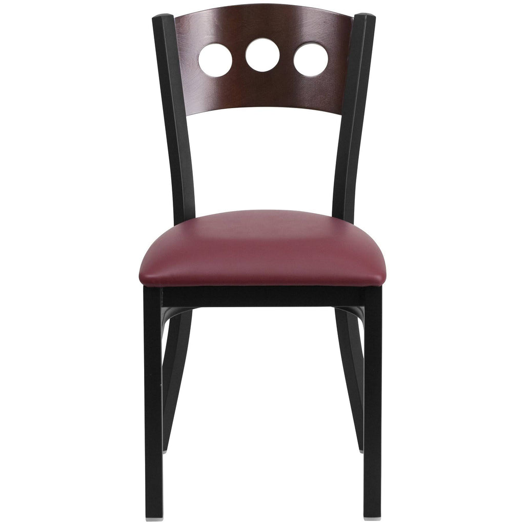Black Metal Restaurant Chair with Walnut Wood Back and Burgundy Vinyl Seat V35438