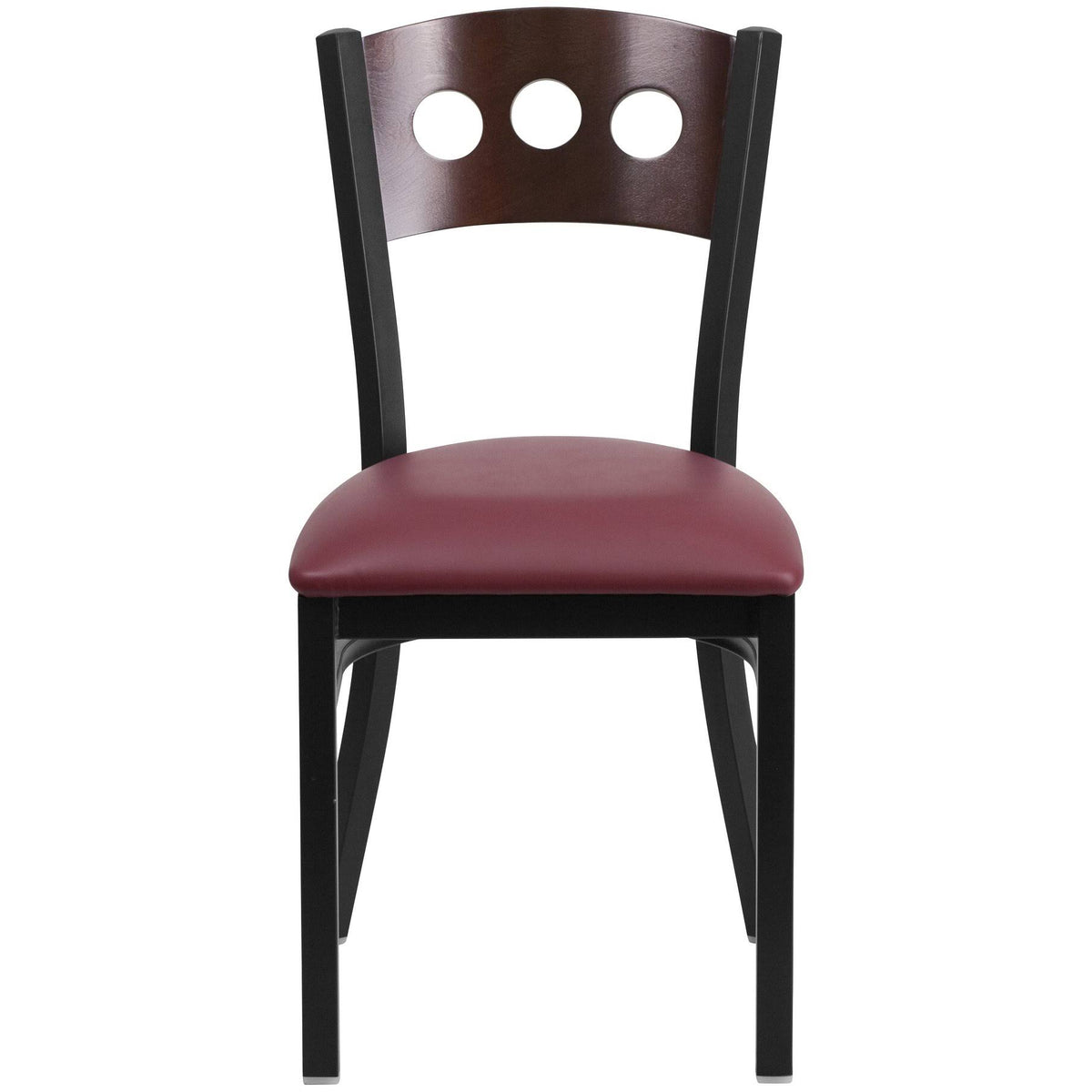 Black Metal Restaurant Chair with Walnut Wood Back and Burgundy Vinyl Seat V35438