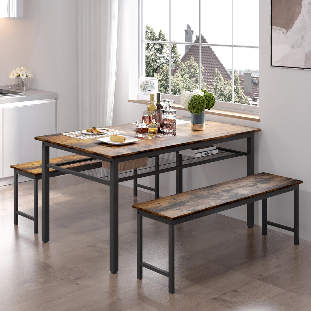 3 Piece Dining Table Set with 2 Benches F603297