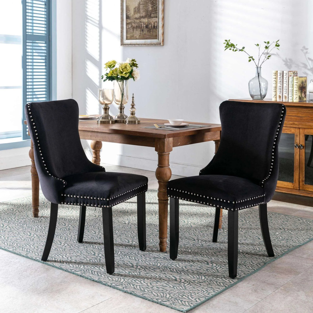 Button Tufted Upholstered Dining Chairs with Nailhead, Solid Wood Legs (Set of 2) T139507