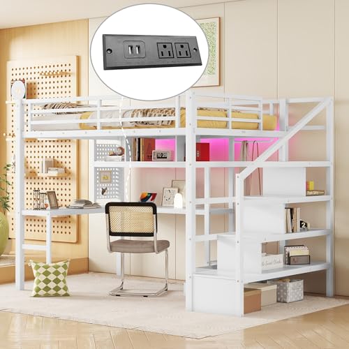Black Full Size Metal Loft Bed with Desk and Wardrobe D564