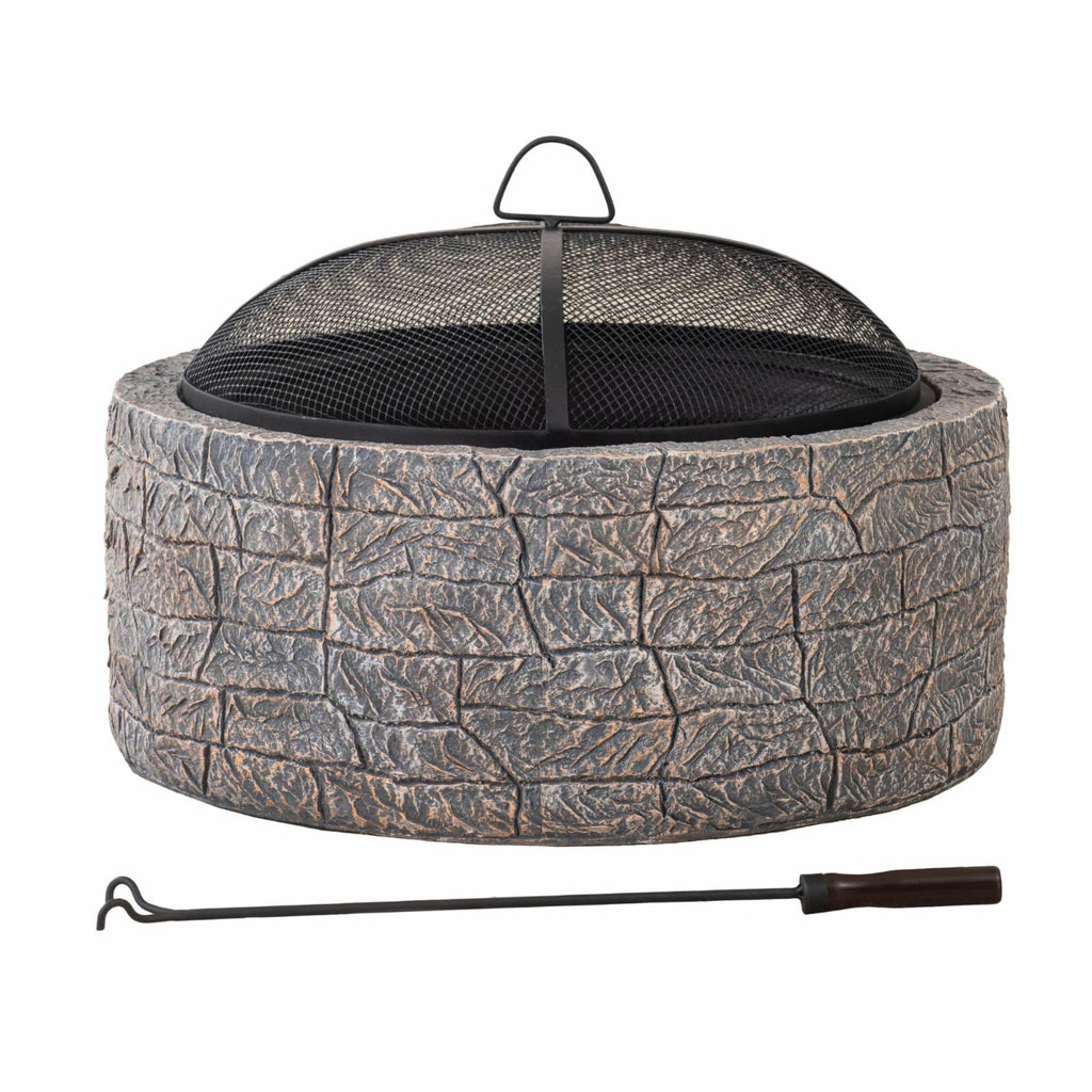 26 in. Stone Wood Burning Fire Pit with Steel Mesh Spark Screen and Fire Poker J94365