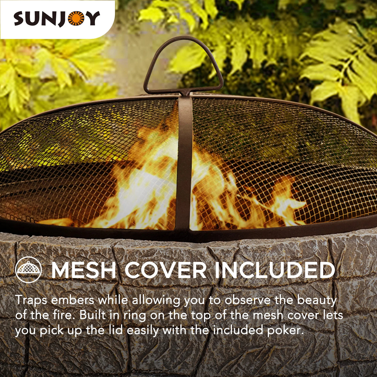 26 in. Stone Wood Burning Fire Pit with Steel Mesh Spark Screen and Fire Poker J94365
